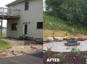 Patio, outdoor lighting, pillars, stone caps, fire pit, sod and plantings