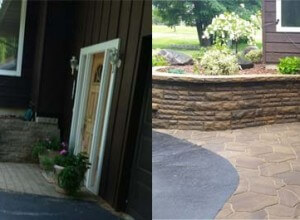 retaining wall, fire pit, walkway with crushed stone