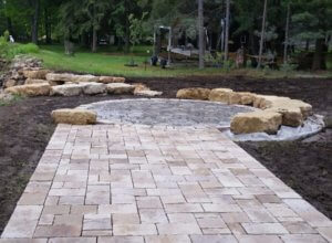 Boulder seating and fire pit area